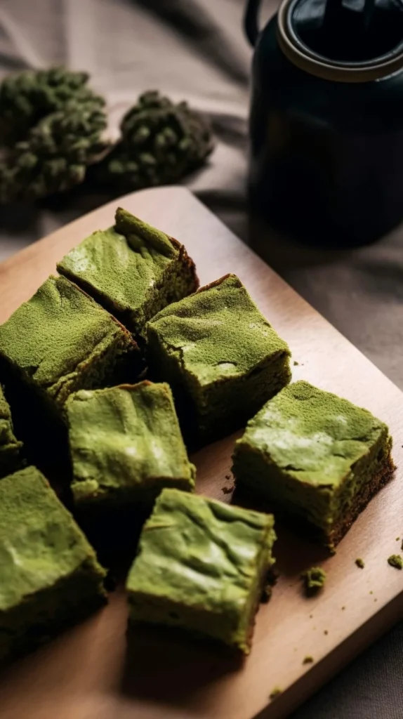 Delicious soft and chewy matcha brownies topped with powdered sugar.