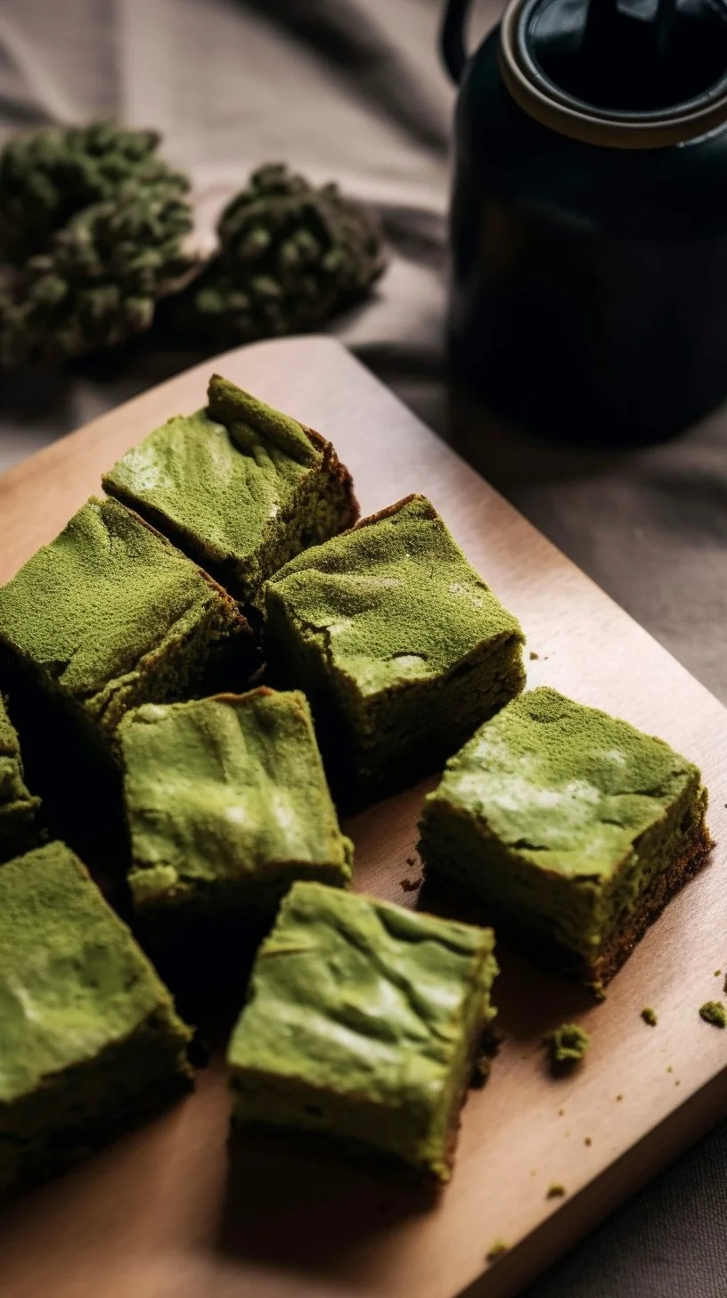 Delicious soft and chewy matcha brownies topped with powdered sugar.