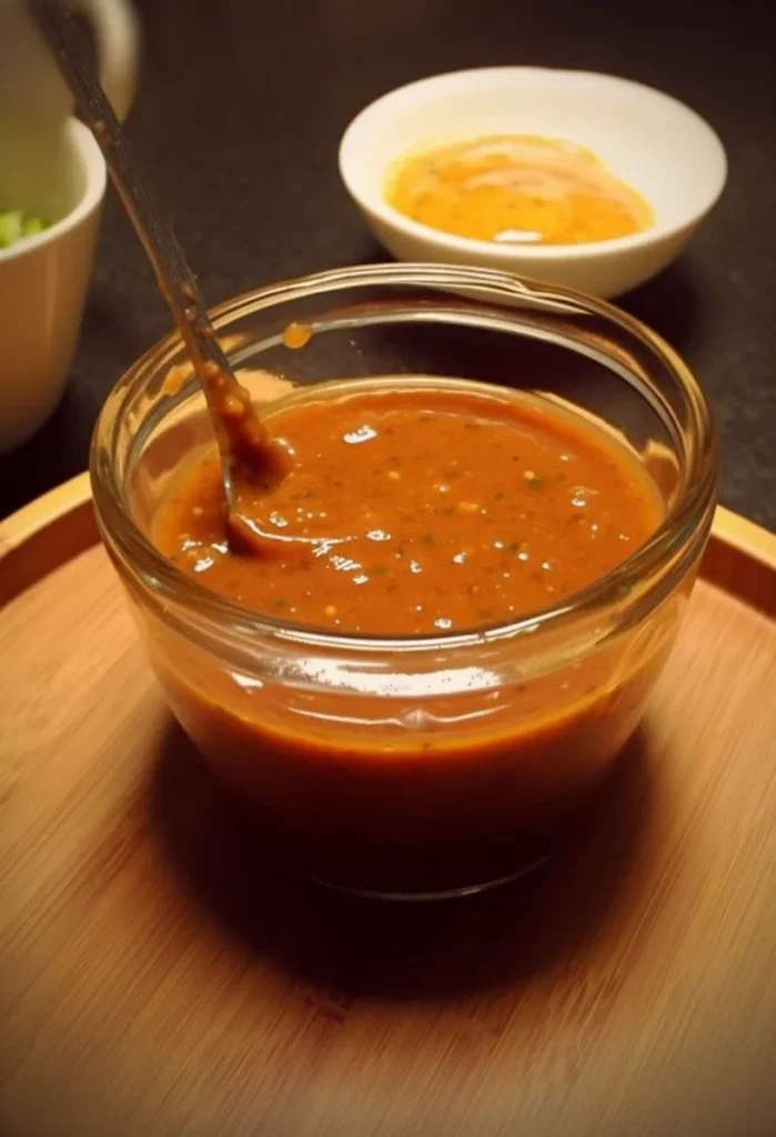 Spicy dipping sauce in a bowl with fresh herbs and chili peppers