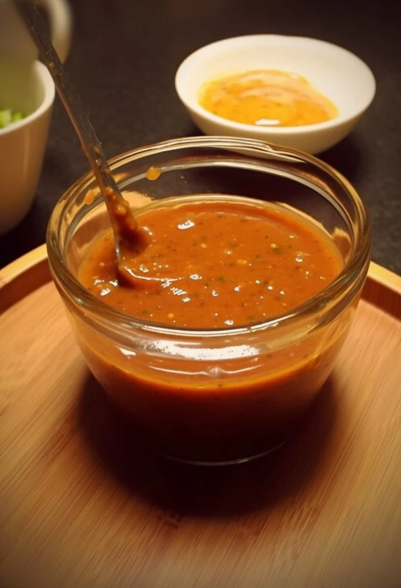 Spicy dipping sauce in a bowl with fresh herbs and chili peppers