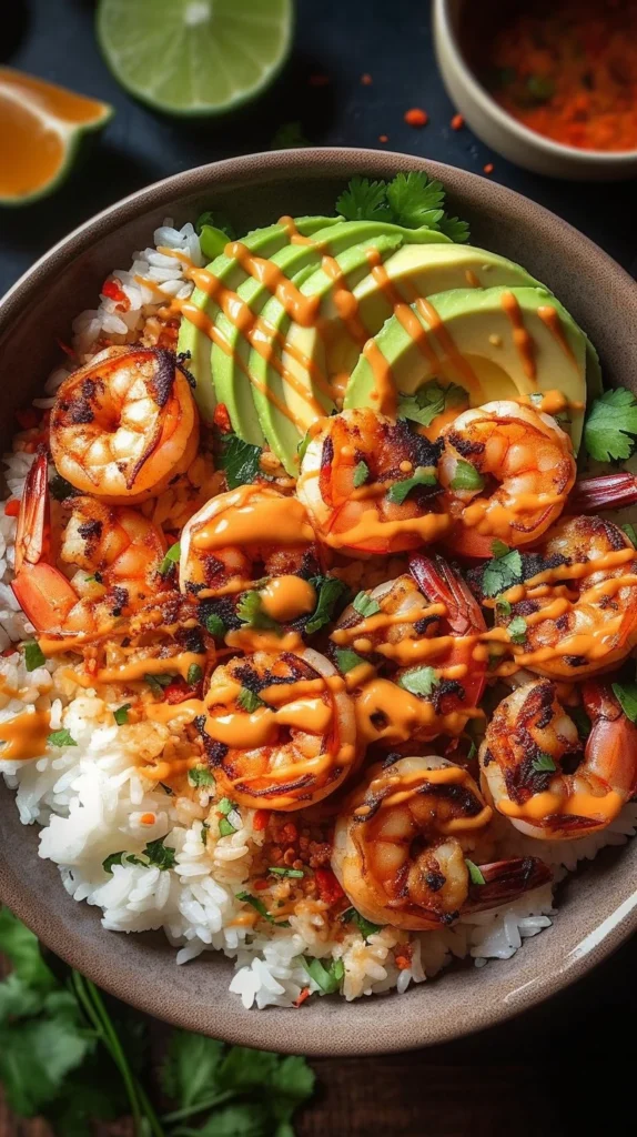 Spicy shrimp rice bowls with fresh vegetables and garnishes