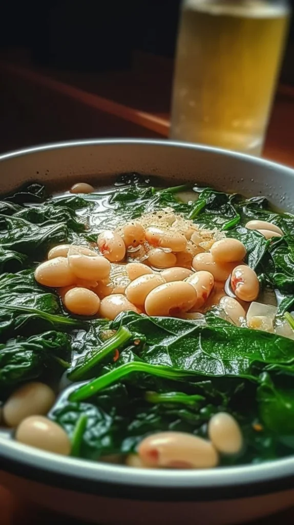 Spinach and White Beans Power Bowl topped with fresh ingredients.