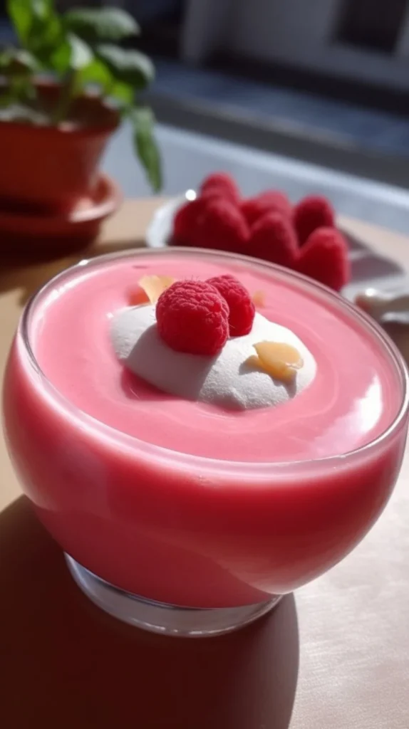 Strawberry Bird's Milk dessert topped with fresh strawberries and cream