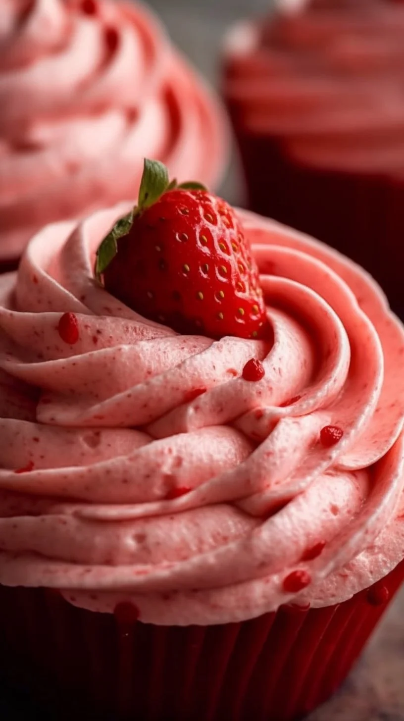 Delicious strawberry buttercream icing on a cupcake