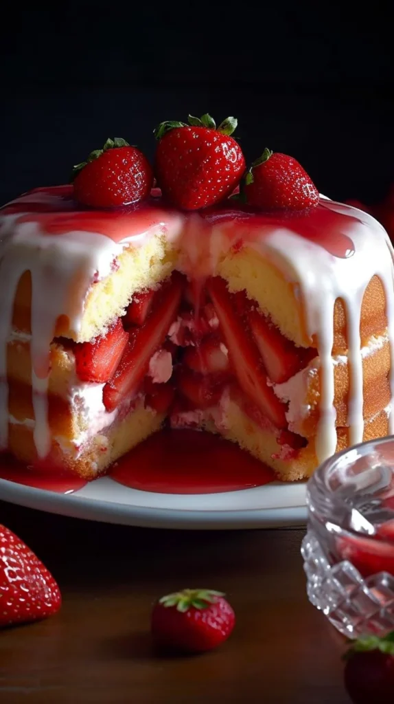 Strawberry Charlotte dessert with fresh strawberries and cream layers.