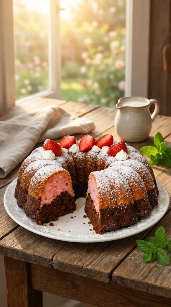 Delicious Strawberry Cocoa Bundt Cake garnished with fresh strawberries.