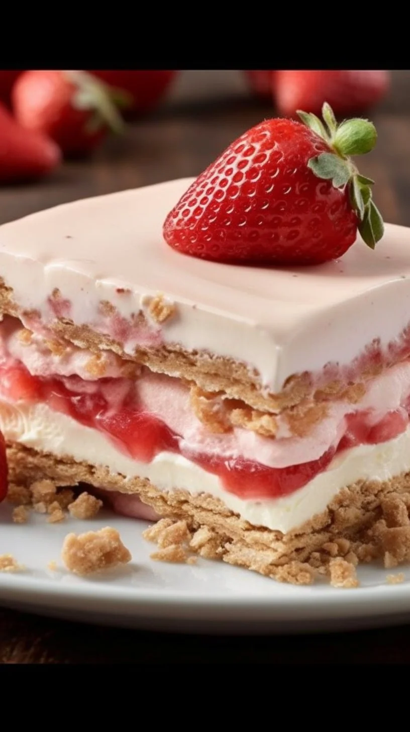 Delicious strawberry cream cheese dessert served in a beautiful dish