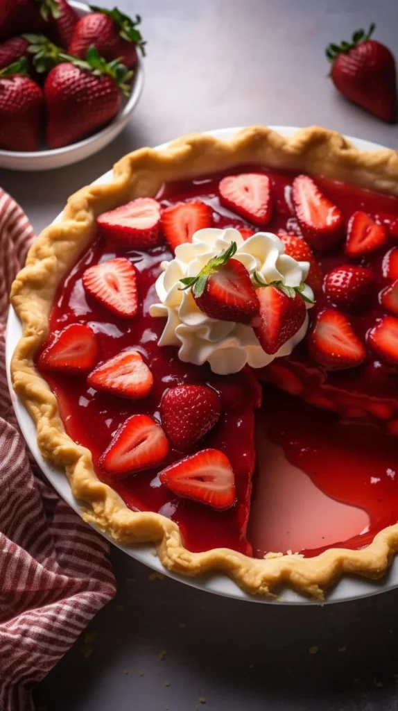 Slice of Strawberry Cream Cheese Pie topped with fresh strawberries