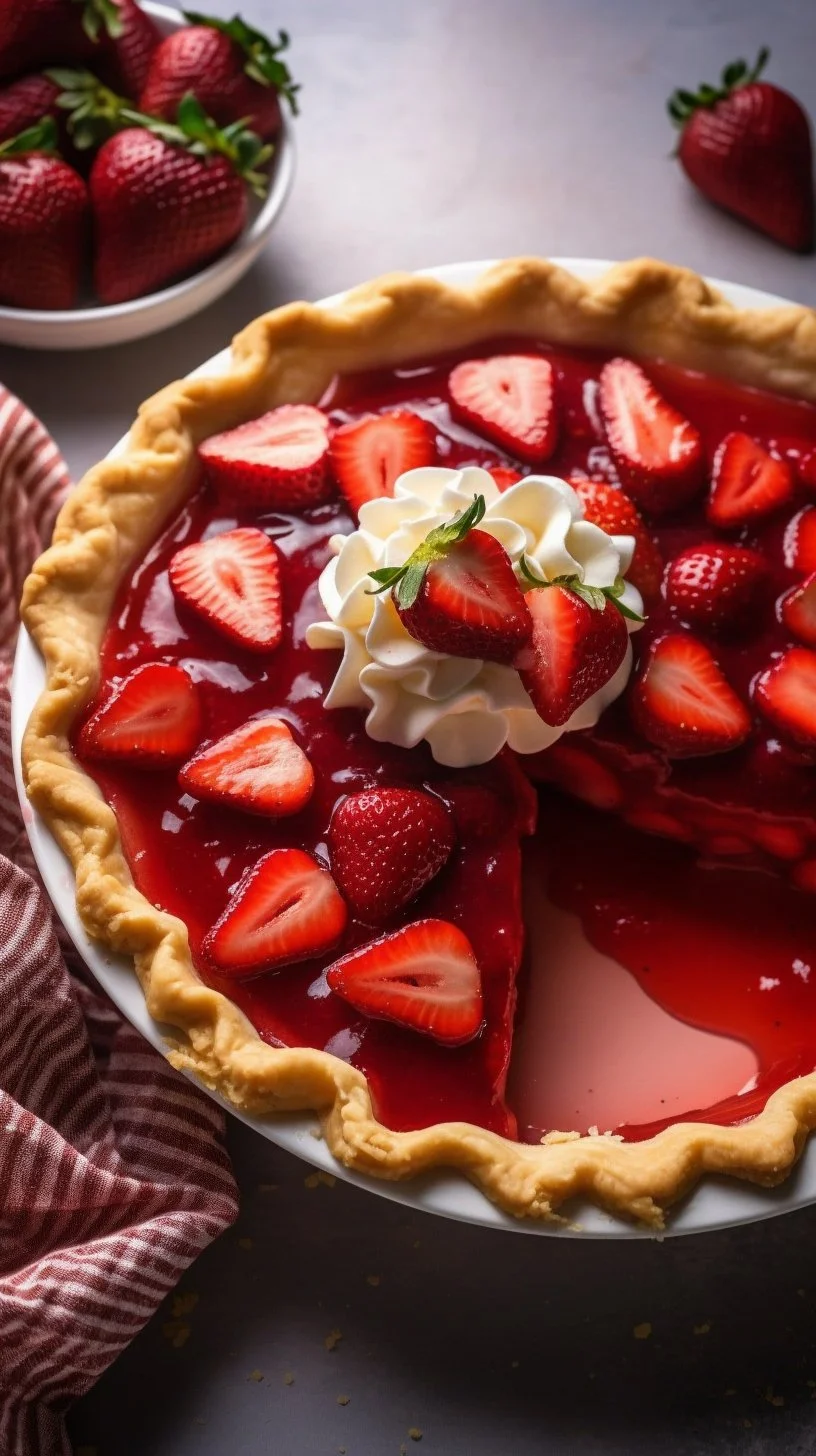 Slice of Strawberry Cream Cheese Pie topped with fresh strawberries