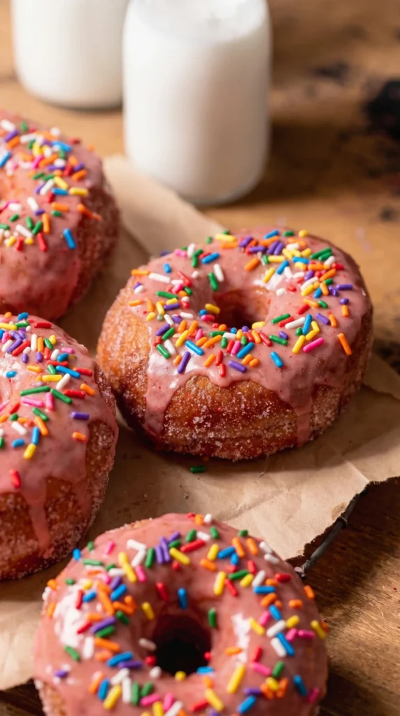 Freshly baked strawberry glazed donuts with a delicious pink icing