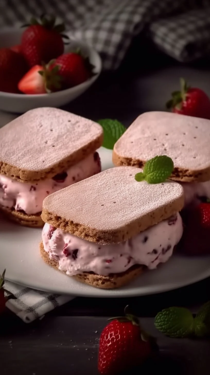 Delicious strawberry ice cream sandwiches with fresh strawberries and cookies