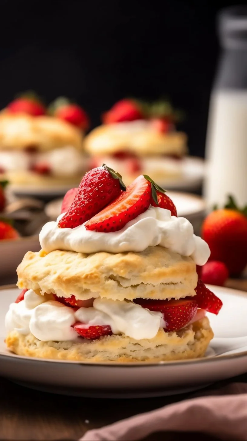 Delicious strawberry shortcakes with whipped cream and fresh strawberries