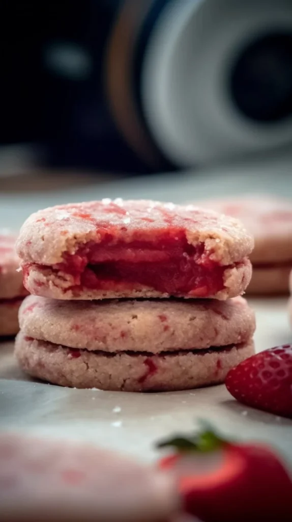 Freshly baked strawberry sugar cookies on a cooling rack