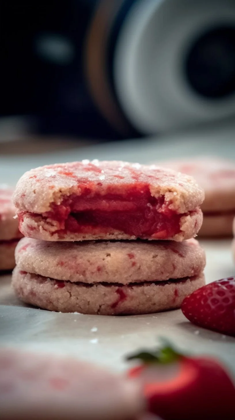 Freshly baked strawberry sugar cookies on a cooling rack