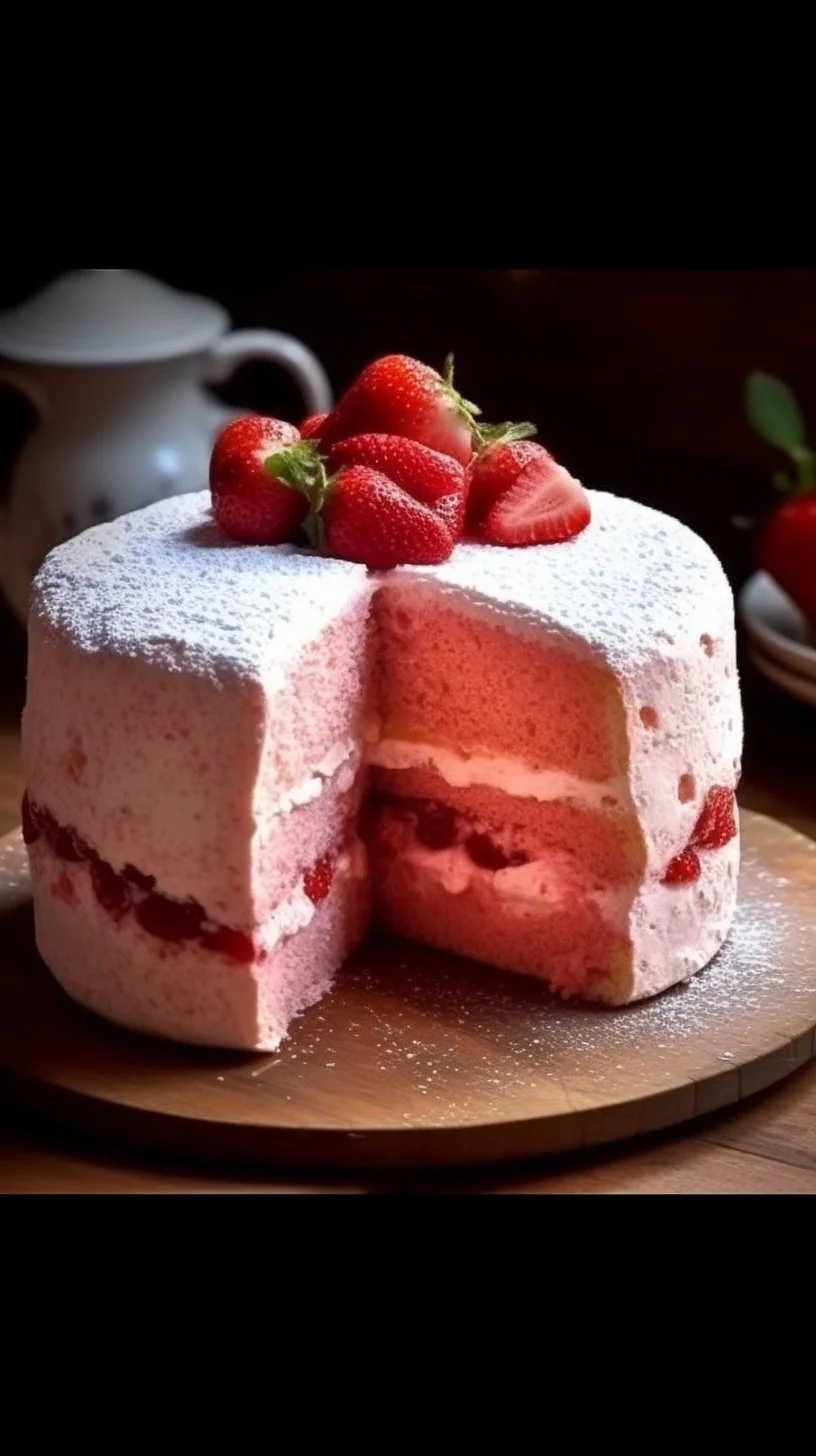 A slice of strawberry yogurt cake topped with fresh strawberries and whipped cream