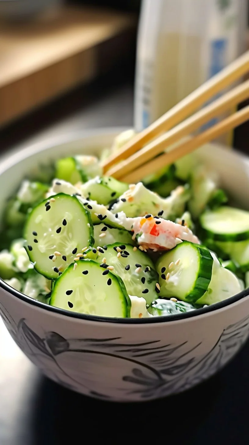 Bowl of vibrant sushi cucumber salad with fresh cucumbers and sesame seeds