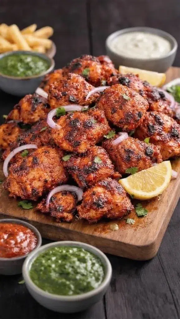 Deliciously marinated Tandoori Chicken served on a traditional platter.