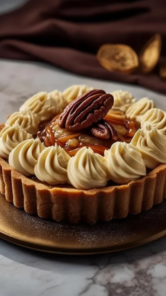 Delicious pecan tartlet topped with rich praline cream.