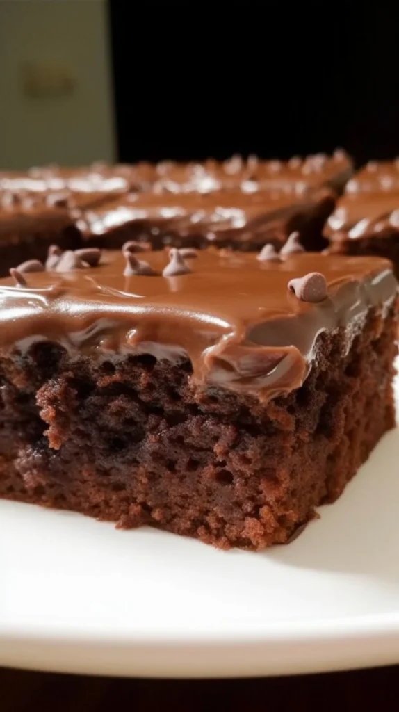 Delicious slice of Texas Sheet Cake with chocolate frosting and nuts.