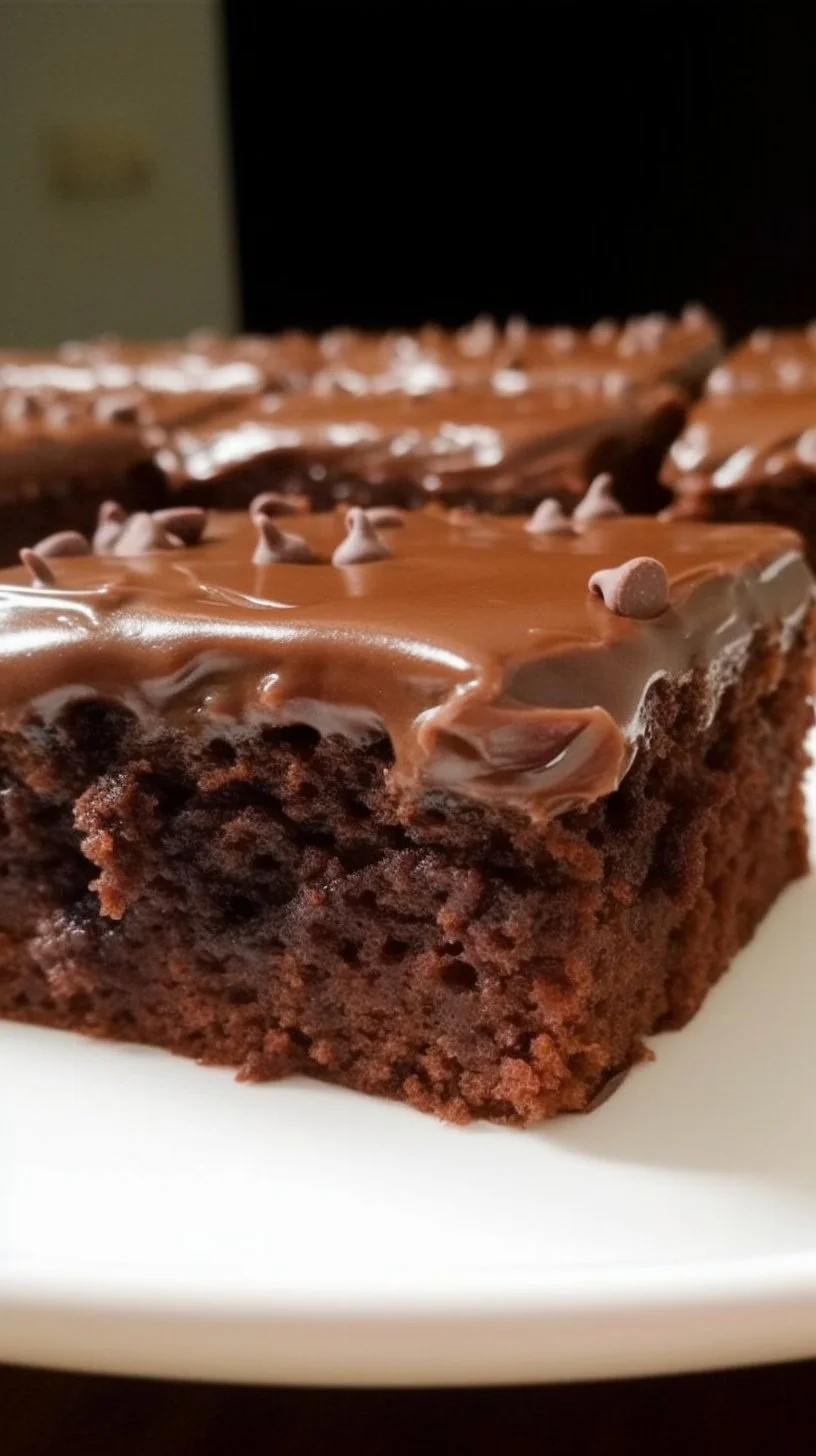 Delicious slice of Texas Sheet Cake with chocolate frosting and nuts.