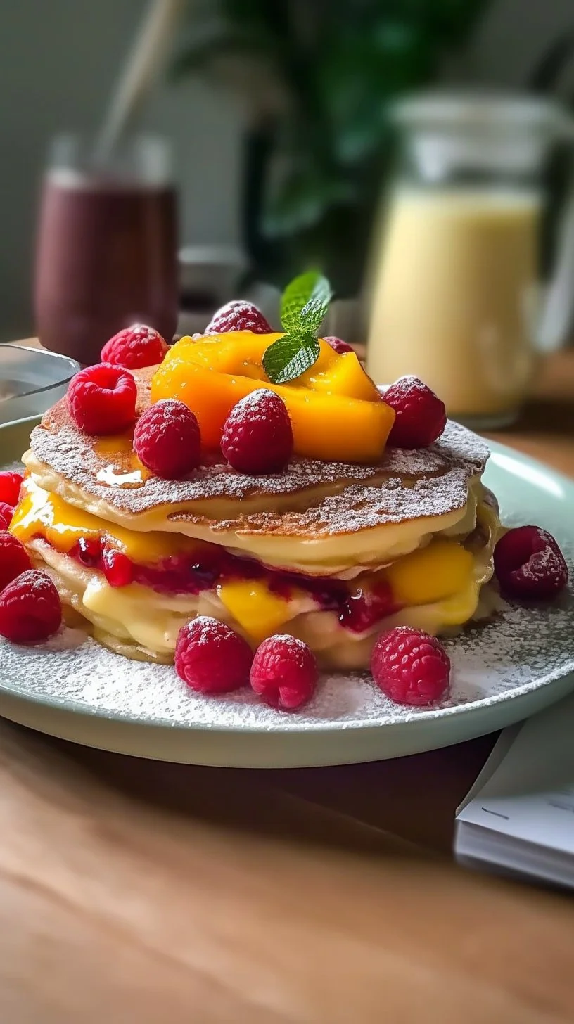Tray bake pancakes topped with fresh raspberries and mango slices