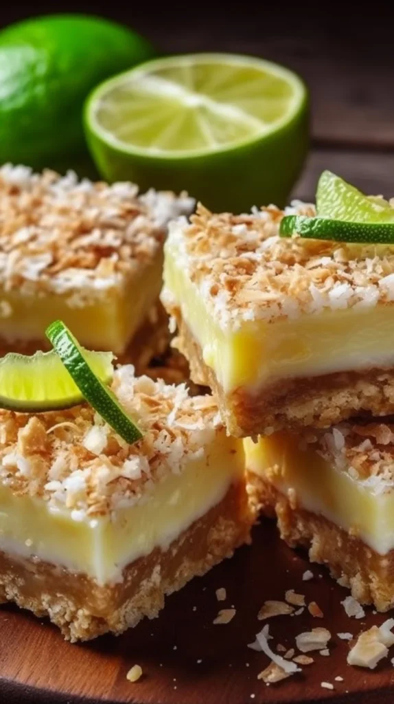 Delicious Tropical Delight Coconut Lime Bars topped with shredded coconut.