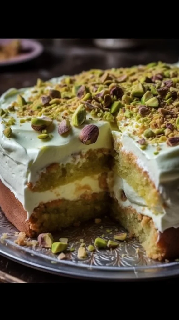 Tropical Pistachio Bliss Cake topped with fresh fruits and pistachios