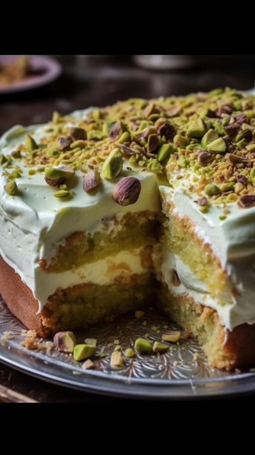 Tropical Pistachio Bliss Cake topped with fresh fruits and pistachios