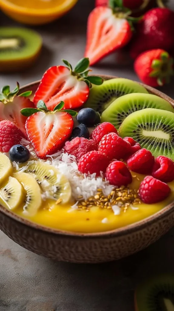 Tropical smoothie bowl topped with fresh fruits and nuts.