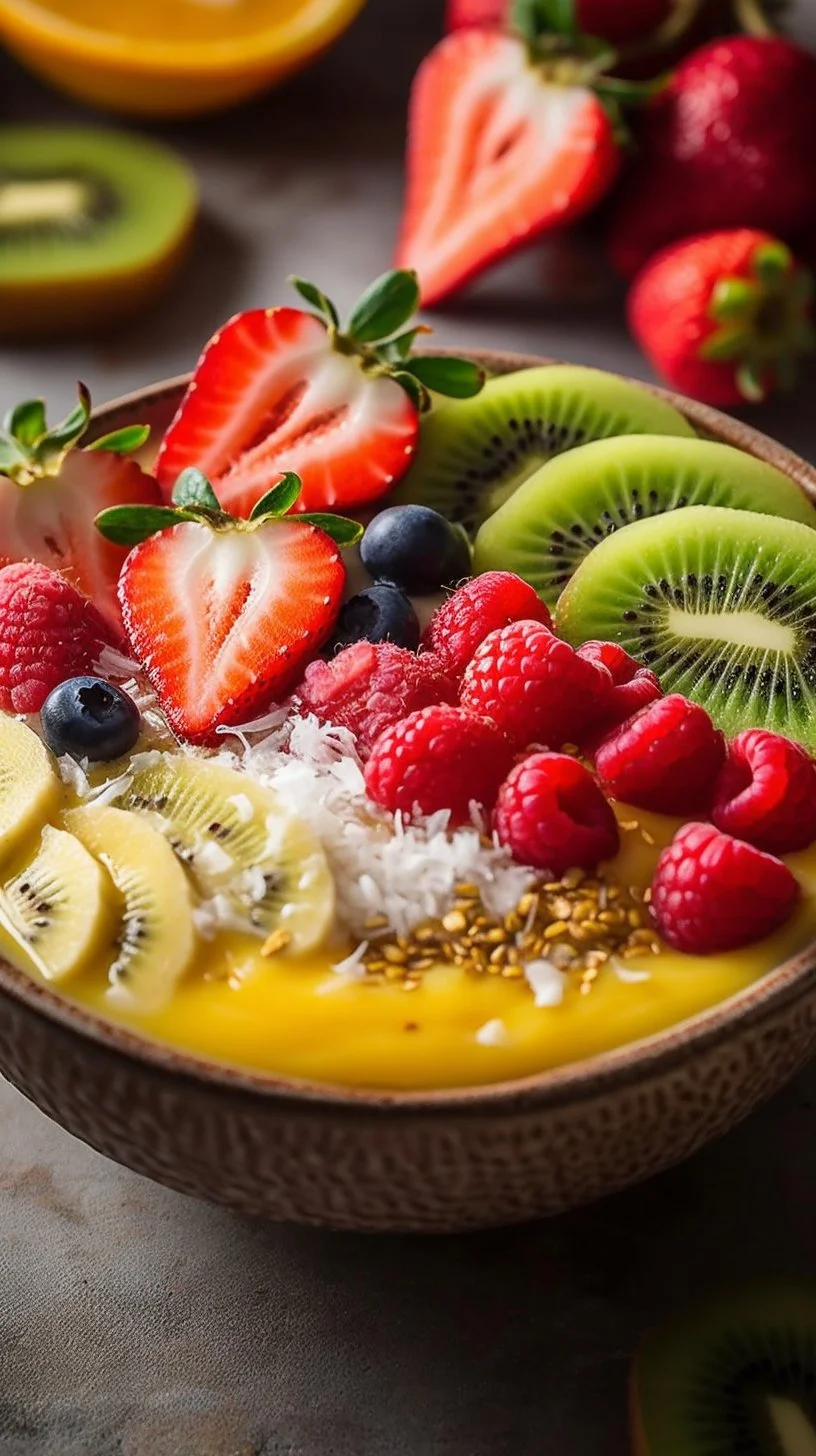 Tropical smoothie bowl topped with fresh fruits and nuts.