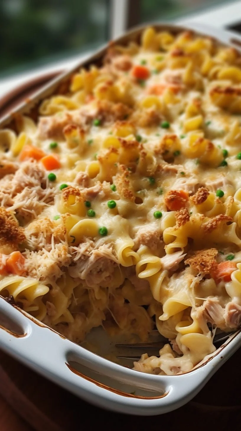 A serving of creamy tuna casserole topped with breadcrumbs and parsley