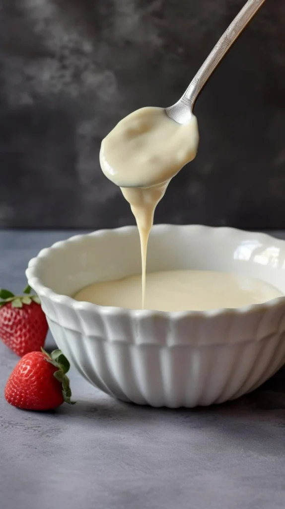 Homemade vegan condensed milk in a glass jar with ingredients beside it.