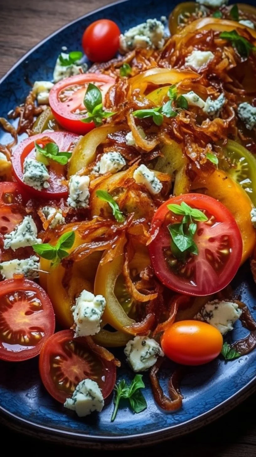 Vibrant heirloom tomato salad with fried shallots and fresh herbs