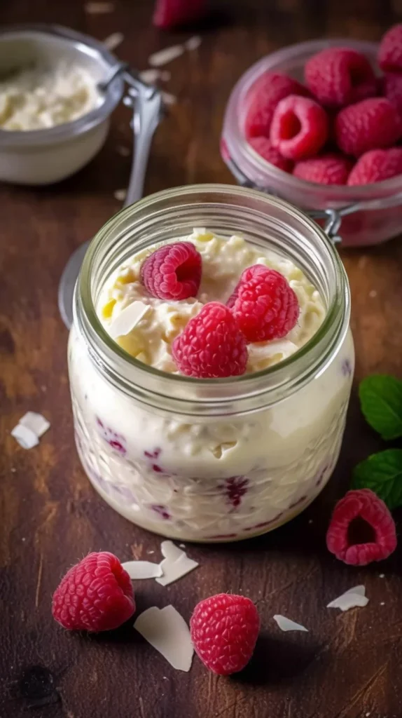 Bowl of white chocolate raspberry overnight oats topped with fresh raspberries