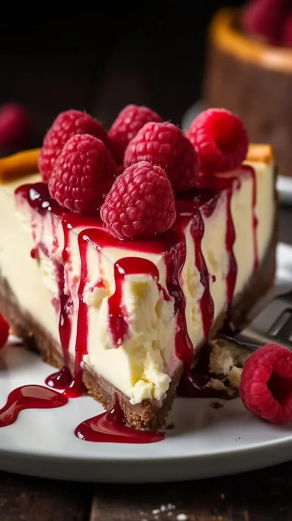 Delicious white chocolate raspberry truffle cheesecake with fresh raspberries.