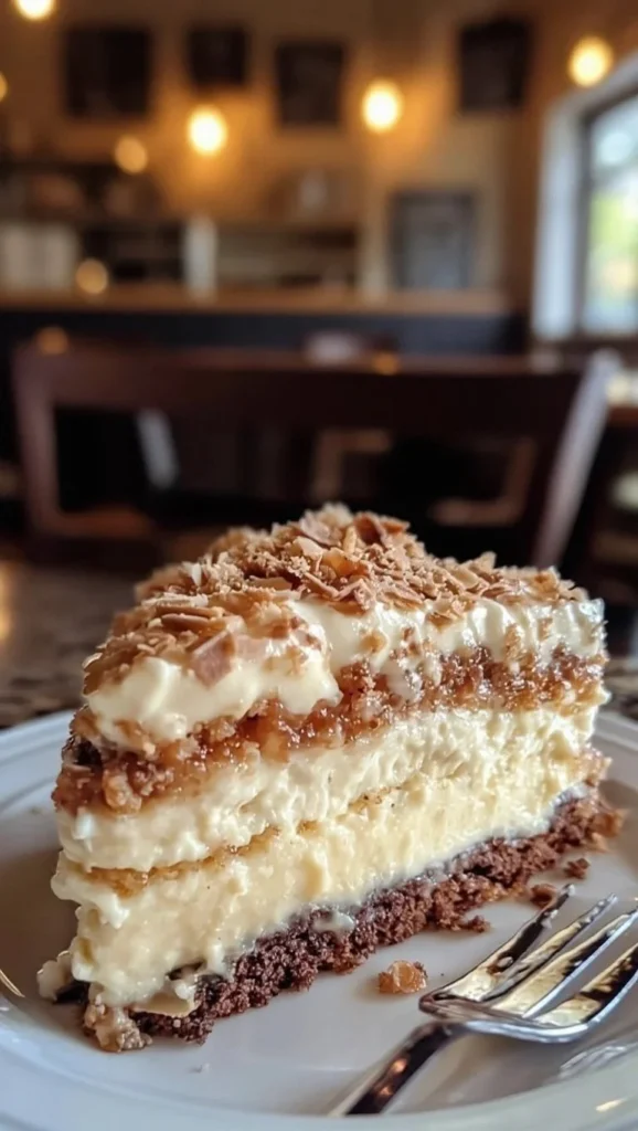 Slice of White German Chocolate Cake with Cheesecake Center on a plate