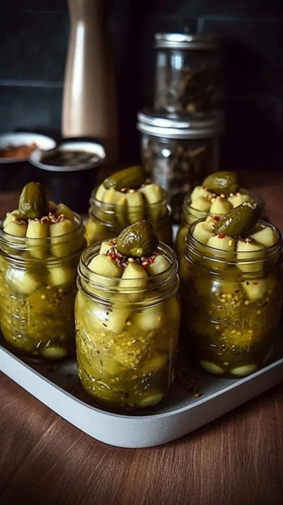 Zesty deviled pickles on a plate garnished with herbs