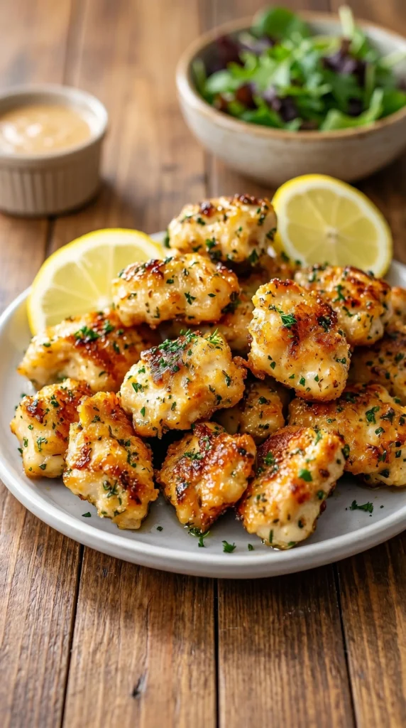 Zesty lemon garlic chicken bites served on a plate with fresh herbs.
