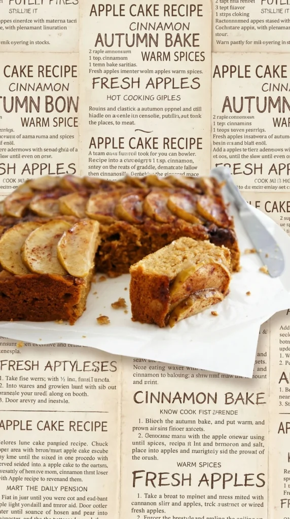 Homemade apple cake topped with fresh apple slices and caramel drizzle