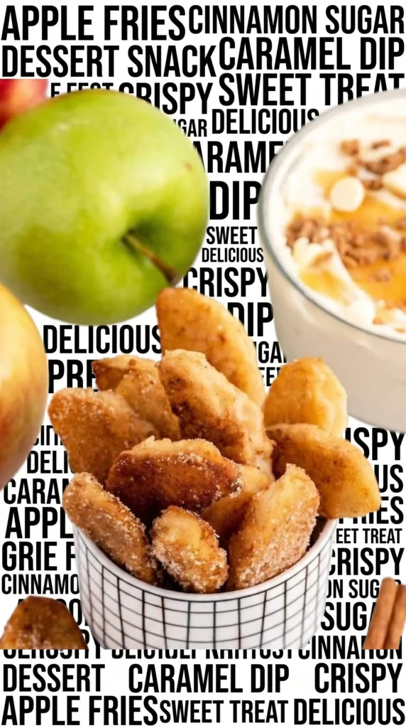 Plate of crispy homemade apple fries drizzled with caramel sauce