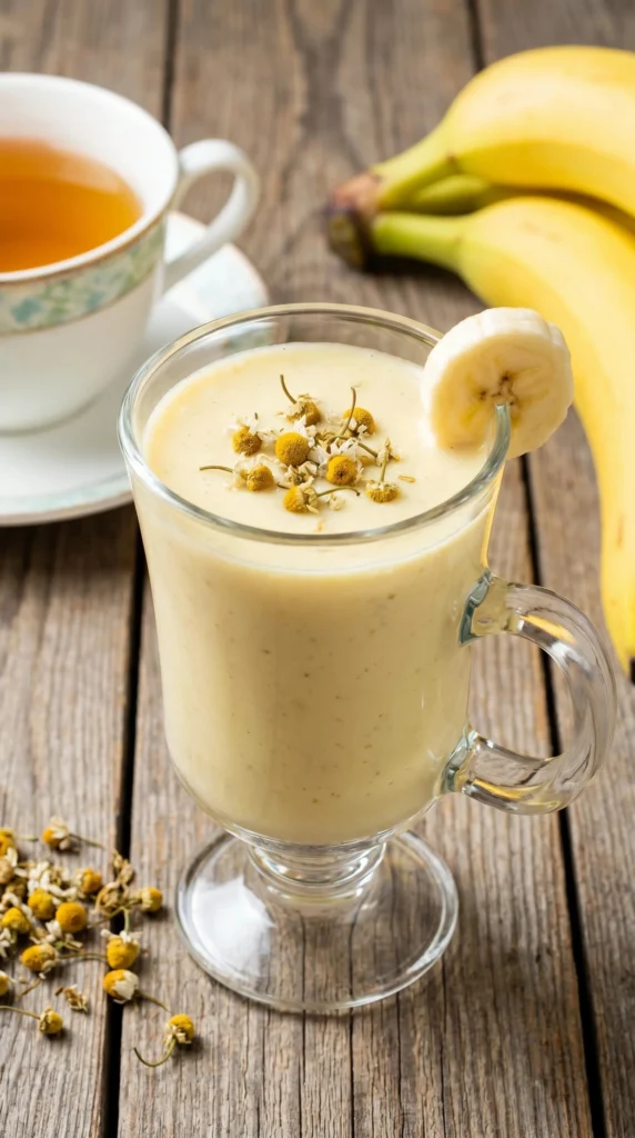Banana Chamomile Tea Smoothie in a glass with a sprinkle of chamomile flowers