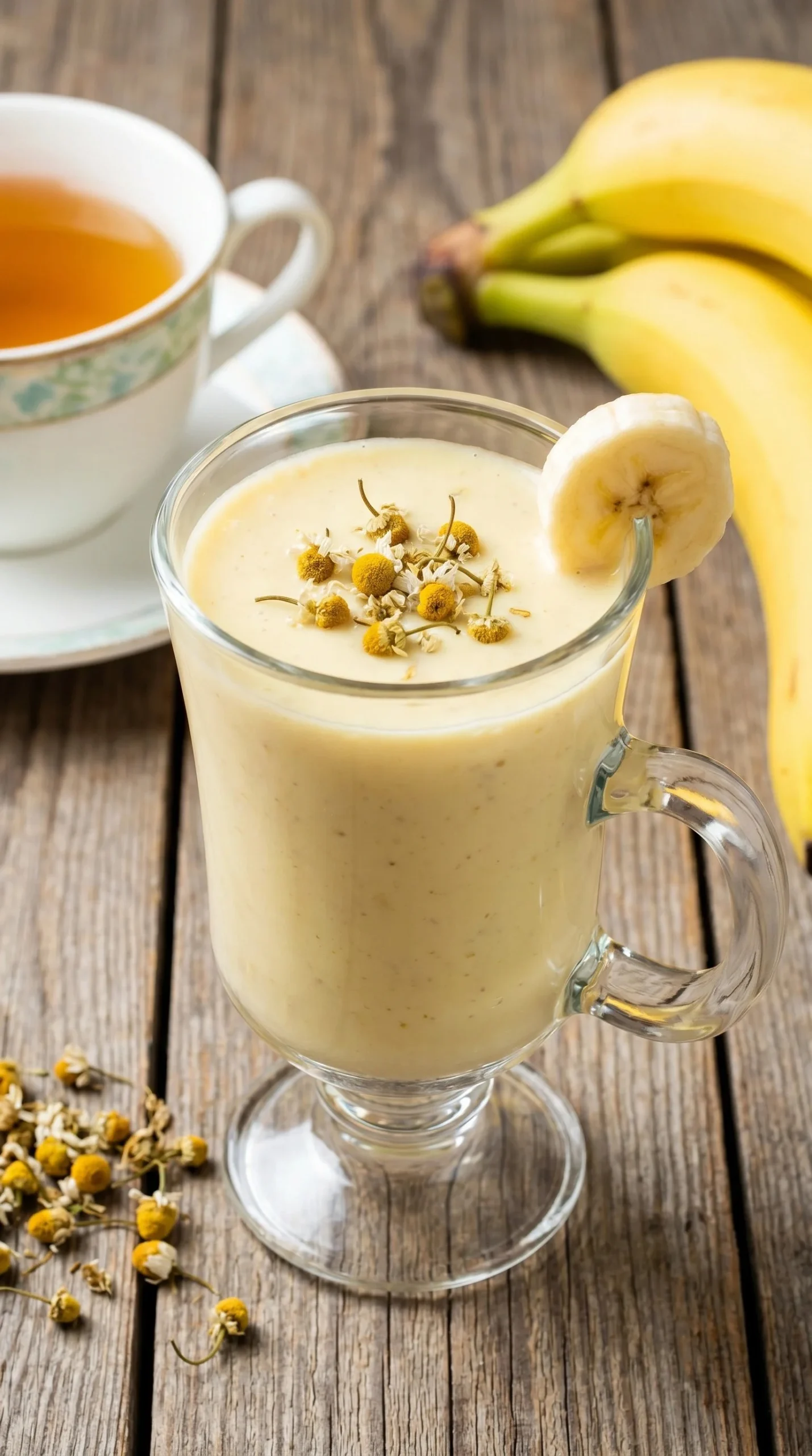 Banana Chamomile Tea Smoothie in a glass with a sprinkle of chamomile flowers