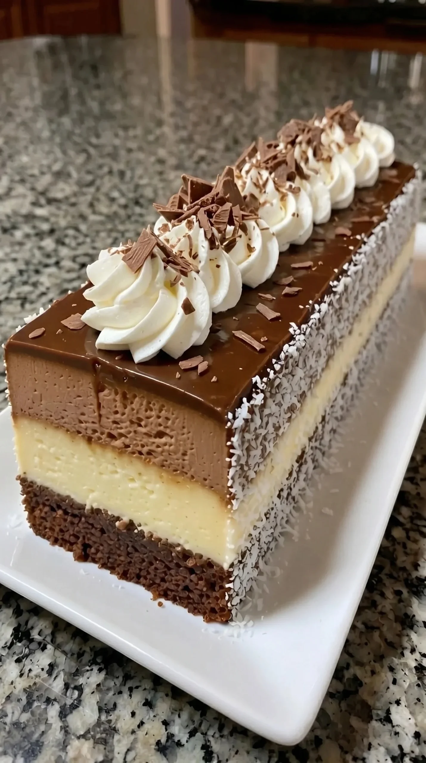 Delicious Banana Chocolate Mousse Cake garnished with fresh bananas and chocolate