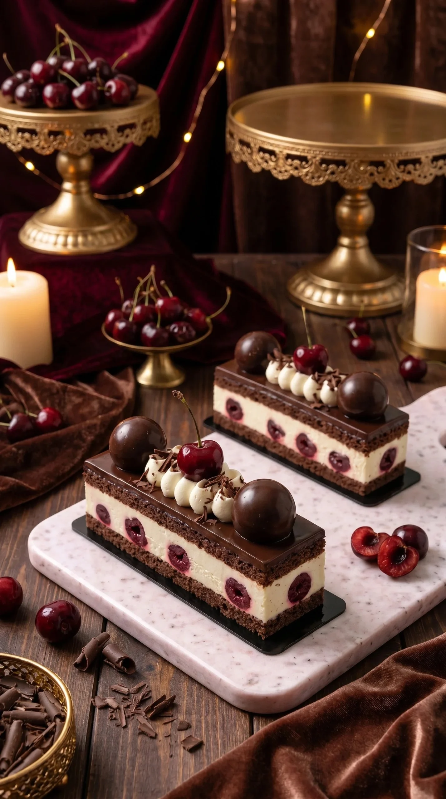 Decadent Black Forest layered dessert with chocolate, cherries, and whipped cream.