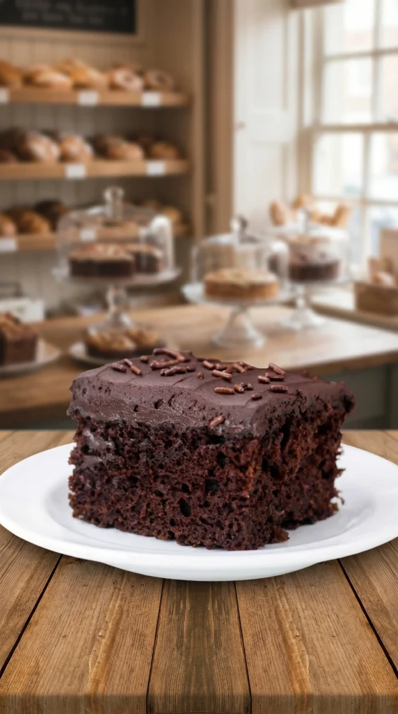 Delicious buttermilk chocolate cake topped with dark chocolate frosting.