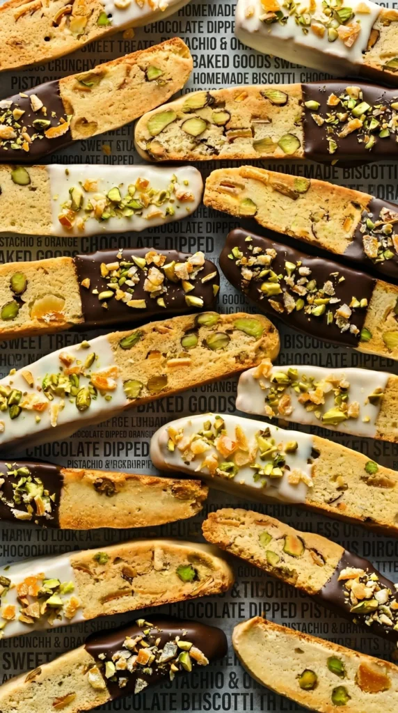 Candied orange and pistachio biscotti dipped in chocolate on a plate