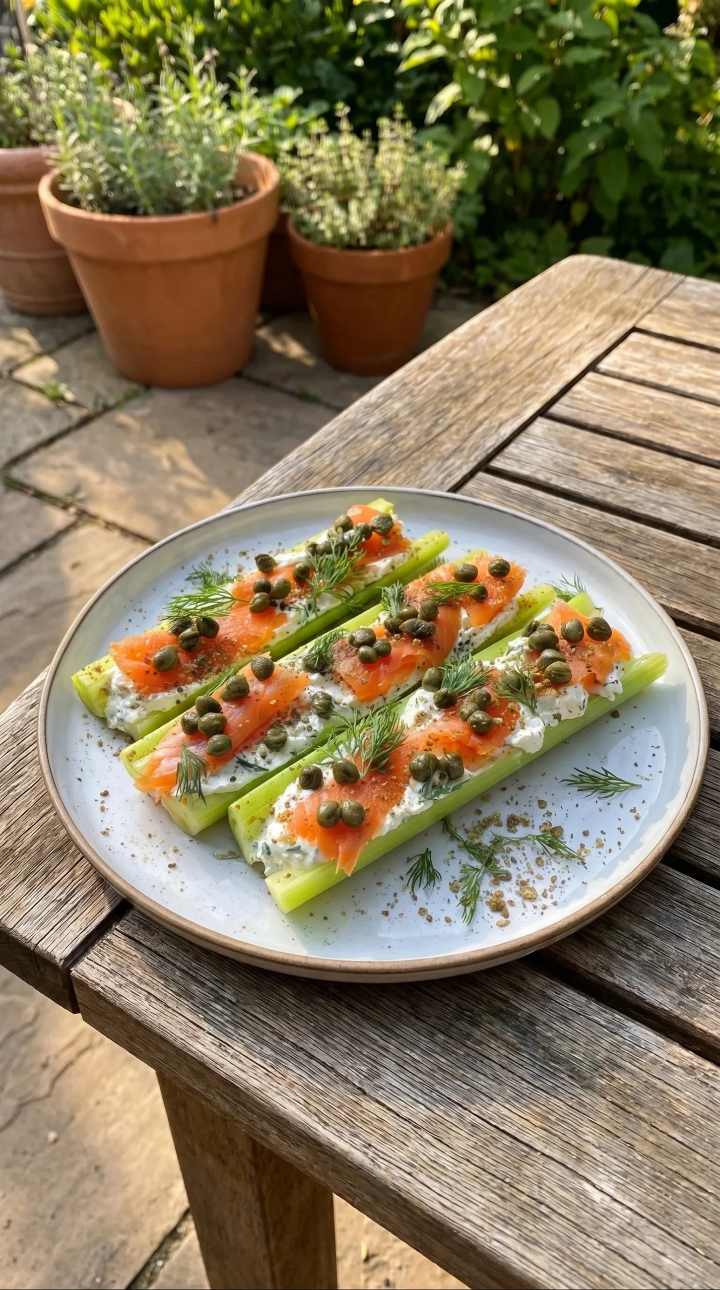 Delicious celery lox boats garnished with cream cheese and capers