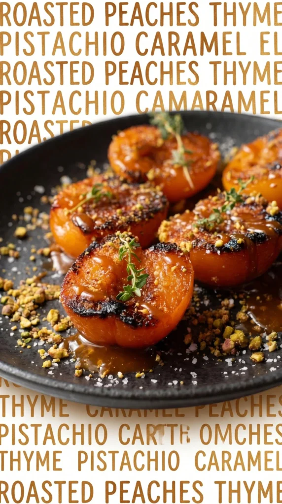 Charred apricot halves with brown butter caramel and halva on a plate