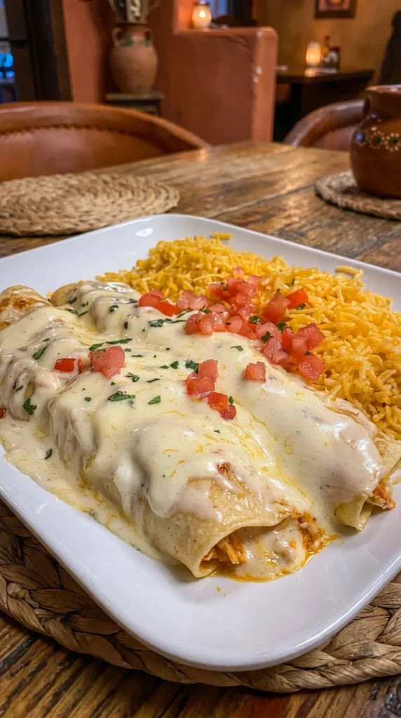 Delicious cheese chicken enchiladas topped with cheese and served on a plate