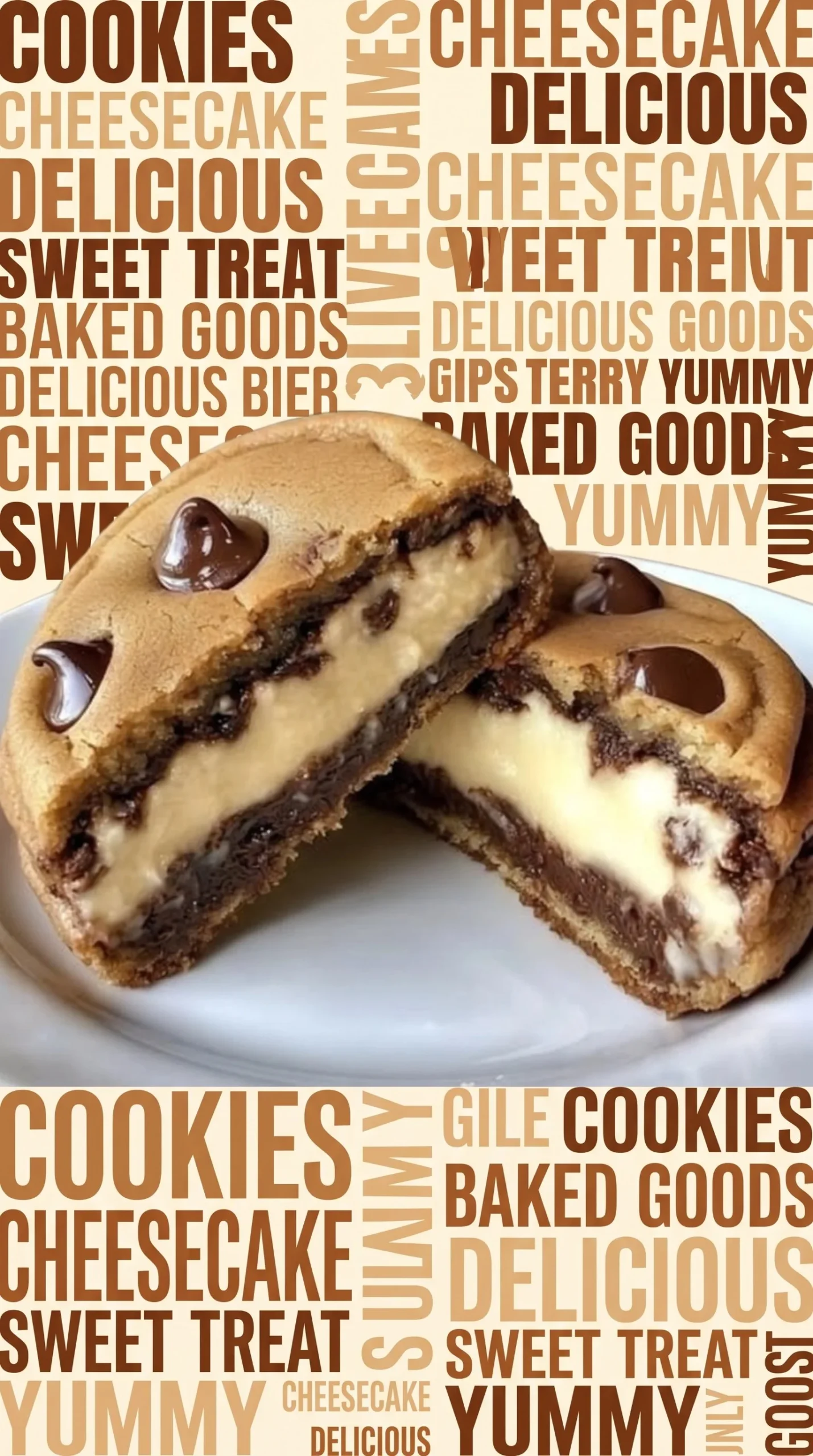 Cheesecake-stuffed chocolate chip cookies displayed on a plate.